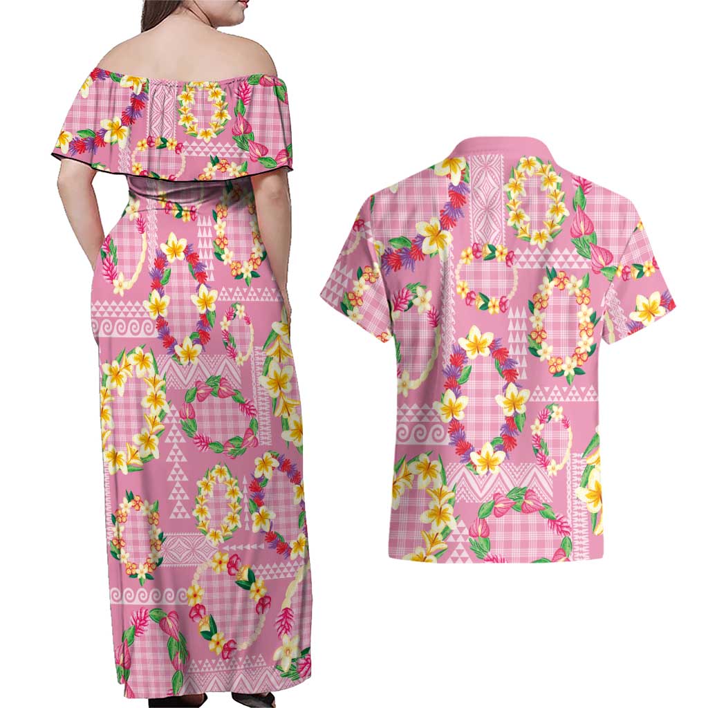 Hawaiian Leis Couples Matching Off Shoulder Maxi Dress and Hawaiian Shirt Kakau Tattoos and Palaka Pastel Pink Color LT03 - Polynesian Pride