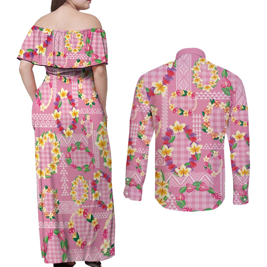 Hawaiian Leis Couples Matching Off Shoulder Maxi Dress and Long Sleeve Button Shirt Kakau Tattoos and Palaka Pastel Pink Color