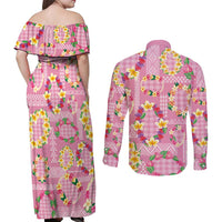 Hawaiian Leis Couples Matching Off Shoulder Maxi Dress and Long Sleeve Button Shirt Kakau Tattoos and Palaka Pastel Pink Color