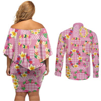 Hawaiian Leis Couples Matching Off Shoulder Short Dress and Long Sleeve Button Shirt Kakau Tattoos and Palaka Pastel Pink Color