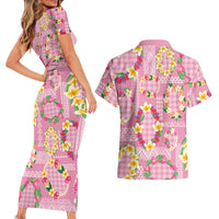 Hawaiian Leis Couples Matching Short Sleeve Bodycon Dress and Hawaiian Shirt Kakau Tattoos and Palaka Pastel Pink Color LT03 - Polynesian Pride