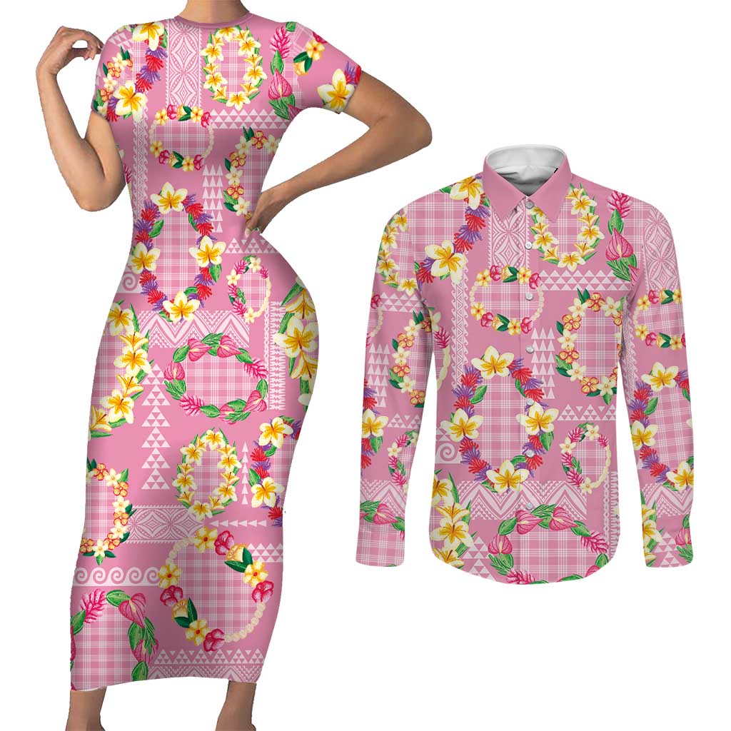 Hawaiian Leis Couples Matching Short Sleeve Bodycon Dress and Long Sleeve Button Shirt Kakau Tattoos and Palaka Pastel Pink Color LT03 Pink - Polynesian Pride