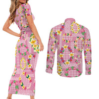 Hawaiian Leis Couples Matching Short Sleeve Bodycon Dress and Long Sleeve Button Shirt Kakau Tattoos and Palaka Pastel Pink Color LT03 - Polynesian Pride
