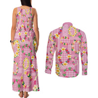 Hawaiian Leis Couples Matching Tank Maxi Dress and Long Sleeve Button Shirt Kakau Tattoos and Palaka Pastel Pink Color LT03 - Polynesian Pride