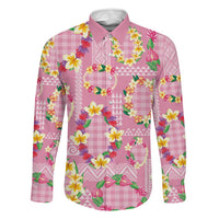 Hawaiian Leis Family Matching Off Shoulder Maxi Dress and Hawaiian Shirt Kakau Tattoos and Palaka Pastel Pink Color LT03 Dad's Shirt - Long Sleeve Pink - Polynesian Pride