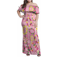 Hawaiian Leis Family Matching Off Shoulder Maxi Dress and Hawaiian Shirt Kakau Tattoos and Palaka Pastel Pink Color LT03 Mom's Dress Pink - Polynesian Pride