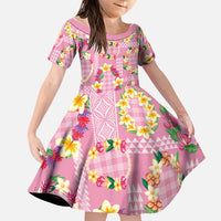 Hawaiian Leis Family Matching Summer Maxi Dress and Hawaiian Shirt Kakau Tattoos and Palaka Pastel Pink Color LT03 Daughter's Dress Pink - Polynesian Pride