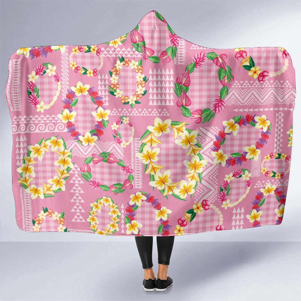 Hawaiian Leis Hooded Blanket Kakau Tattoos and Palaka Pastel Pink Color