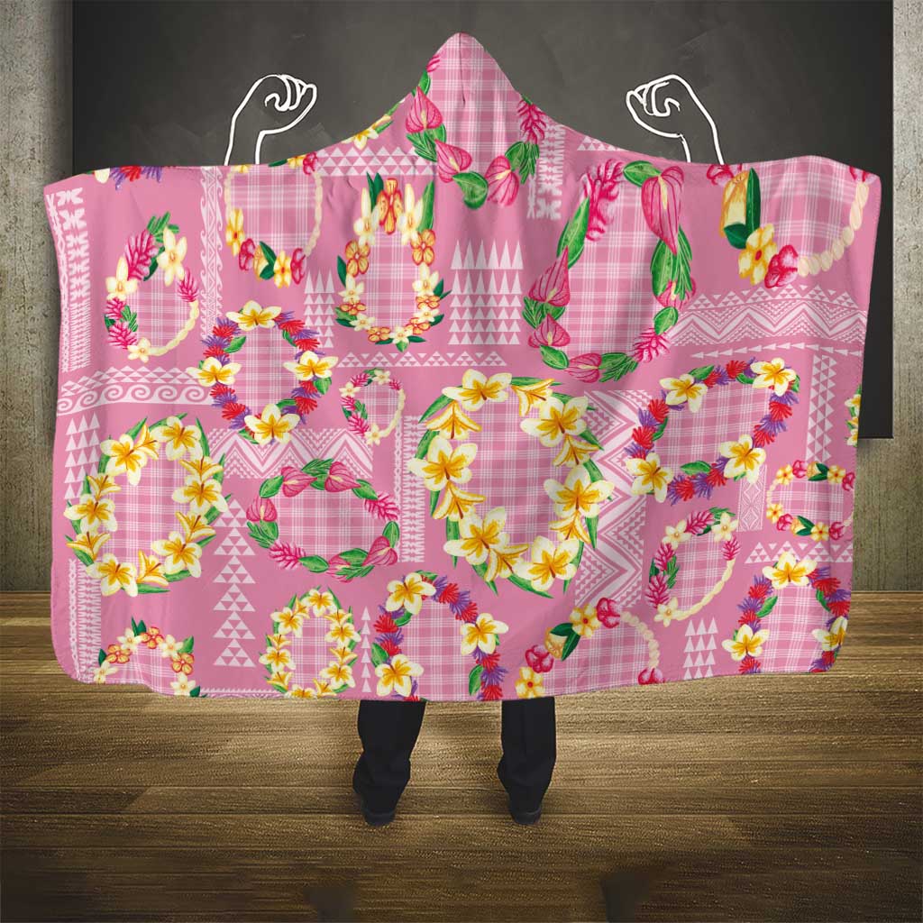Hawaiian Leis Hooded Blanket Kakau Tattoos and Palaka Pastel Pink Color