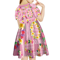 Hawaiian Leis Kid Short Sleeve Dress Kakau Tattoos and Palaka Pastel Pink Color
