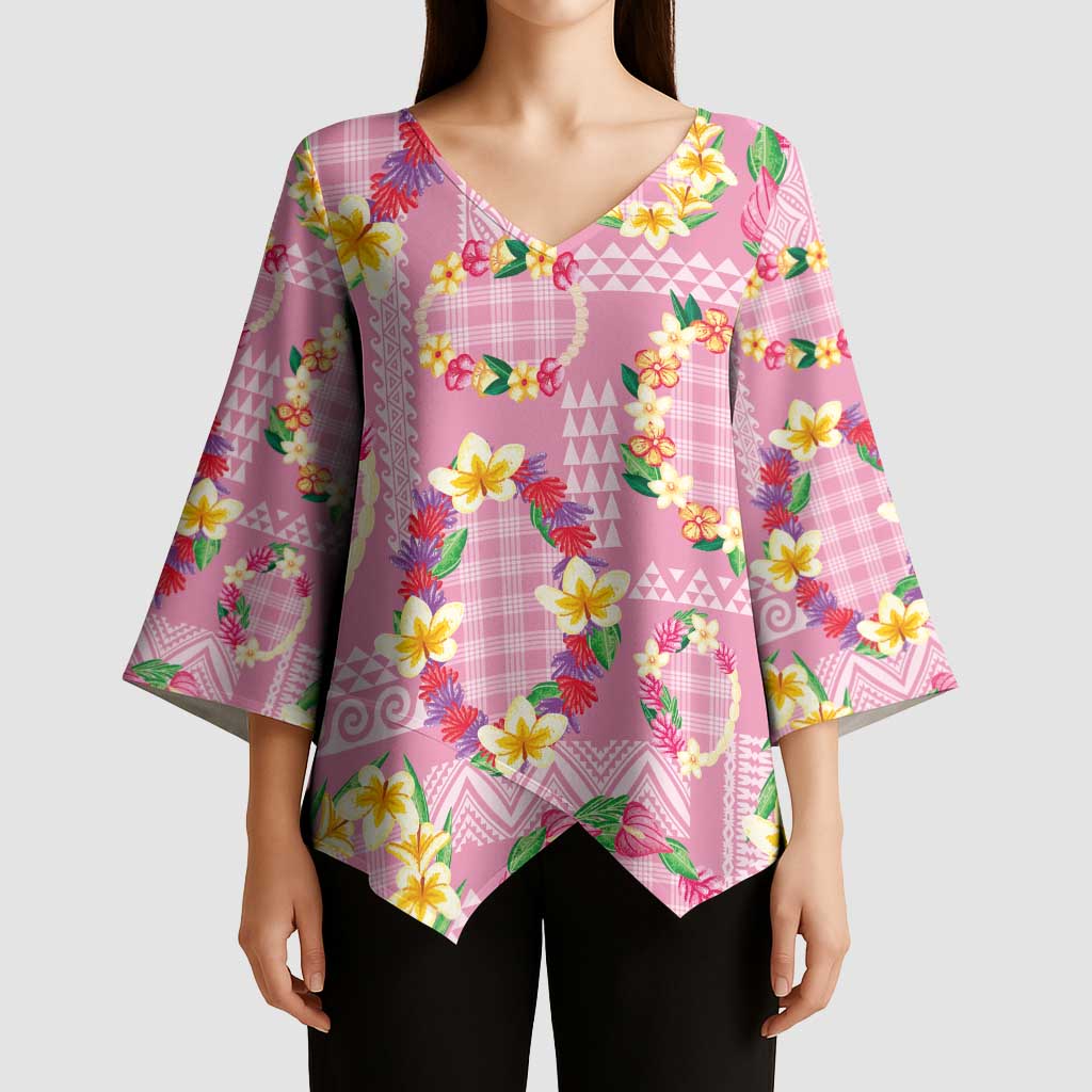 Hawaiian Leis Kimono Sleeve Blouse Kakau Tattoos and Palaka Pastel Pink Color