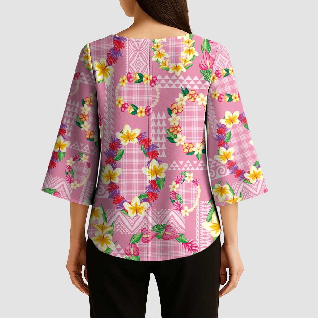 Hawaiian Leis Kimono Sleeve Blouse Kakau Tattoos and Palaka Pastel Pink Color