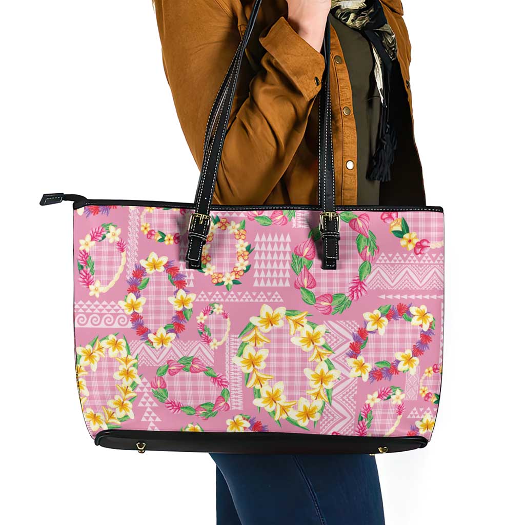Hawaiian Leis Leather Tote Bag Kakau Tattoos and Palaka Pastel Pink Color