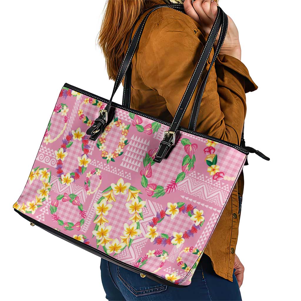 Hawaiian Leis Leather Tote Bag Kakau Tattoos and Palaka Pastel Pink Color