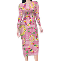 Hawaiian Leis Long Sleeve Bodycon Dress Kakau Tattoos and Palaka Pastel Pink Color
