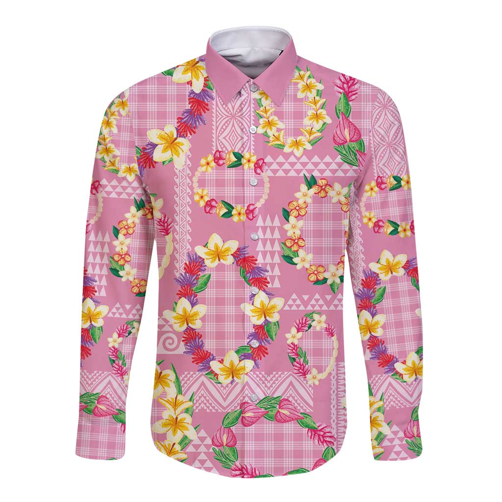 Hawaiian Leis Long Sleeve Button Shirt Kakau Tattoos and Palaka Pastel Pink Color