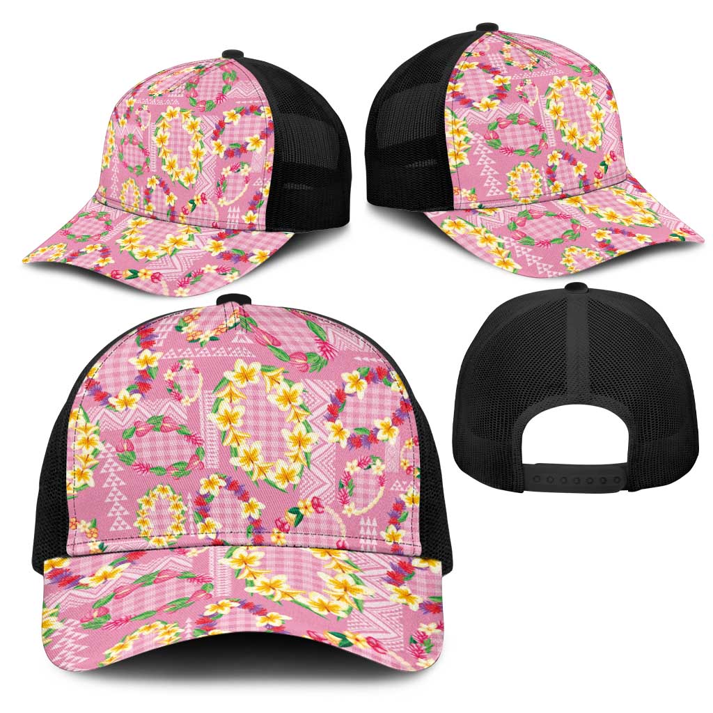 Hawaiian Leis Mesh Trucker Cap Kakau Tattoos and Palaka Pastel Pink Color
