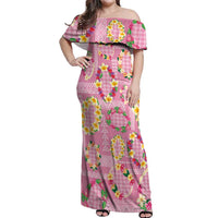 Hawaiian Leis Off Shoulder Maxi Dress Kakau Tattoos and Palaka Pastel Pink Color