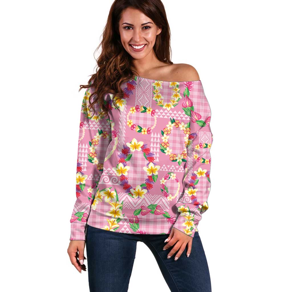 Hawaiian Leis Off Shoulder Sweater Kakau Tattoos and Palaka Pastel Pink Color