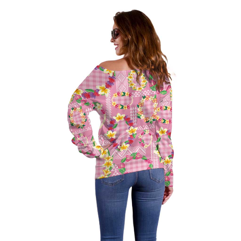 Hawaiian Leis Off Shoulder Sweater Kakau Tattoos and Palaka Pastel Pink Color
