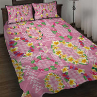 Hawaiian Leis Quilt Bed Set Kakau Tattoos and Palaka Pastel Pink Color