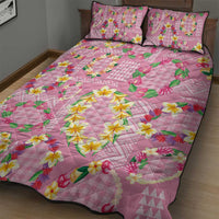 Hawaiian Leis Quilt Bed Set Kakau Tattoos and Palaka Pastel Pink Color