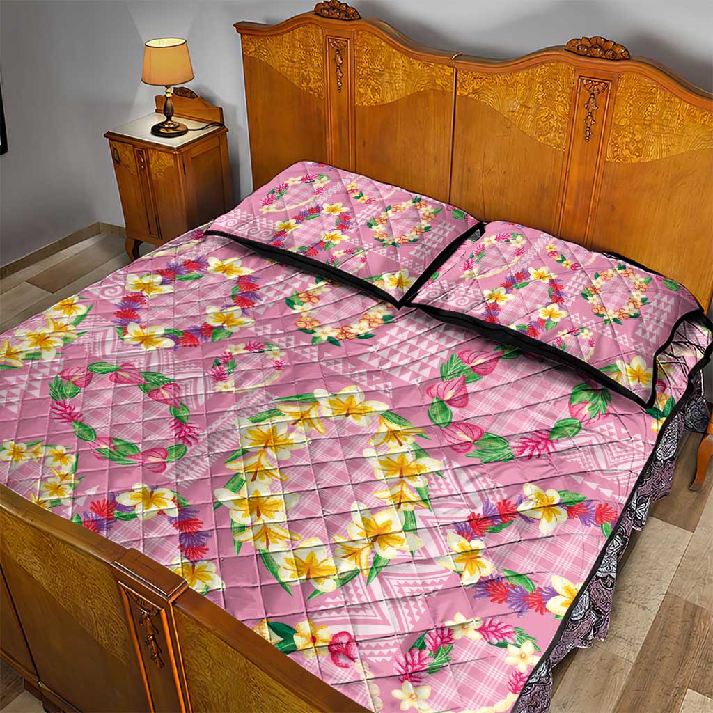 Hawaiian Leis Quilt Bed Set Kakau Tattoos and Palaka Pastel Pink Color