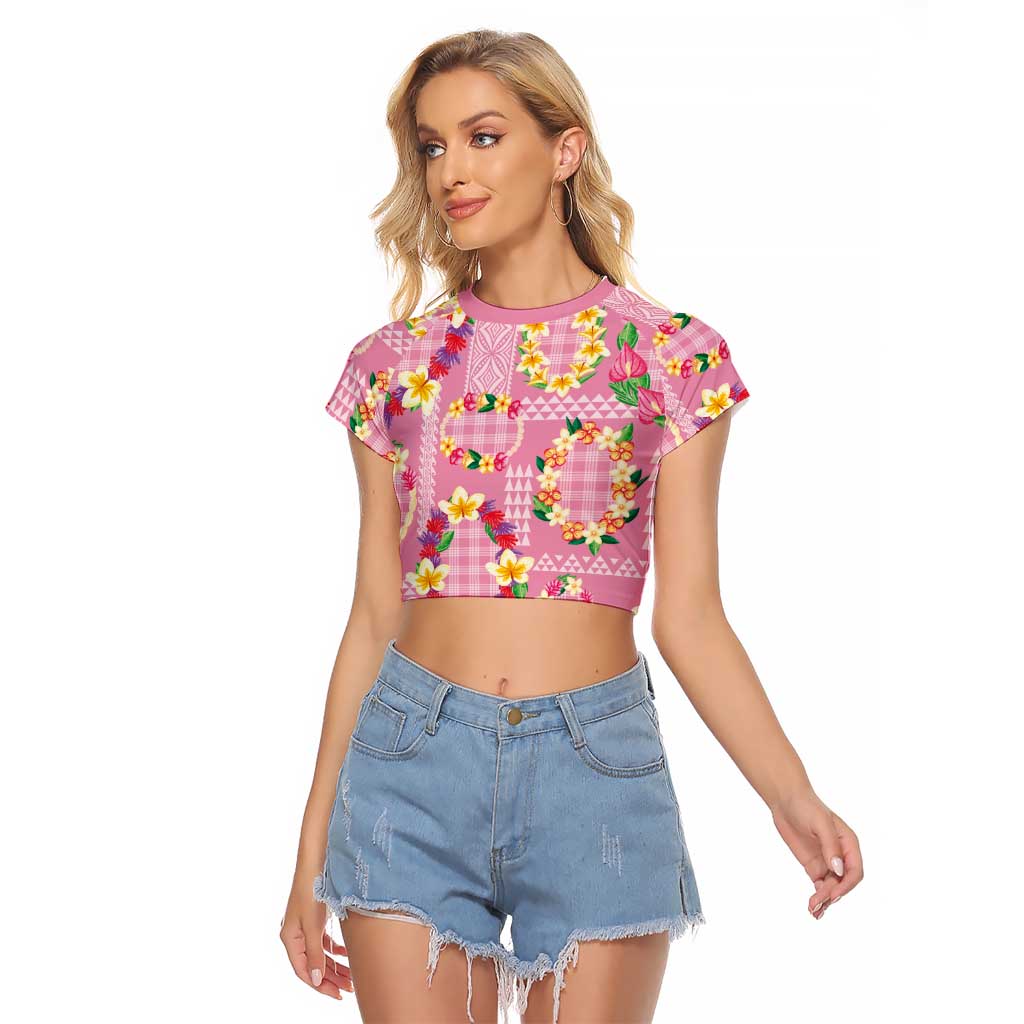 Hawaiian Leis Raglan Cropped T Shirt Kakau Tattoos and Palaka Pastel Pink Color