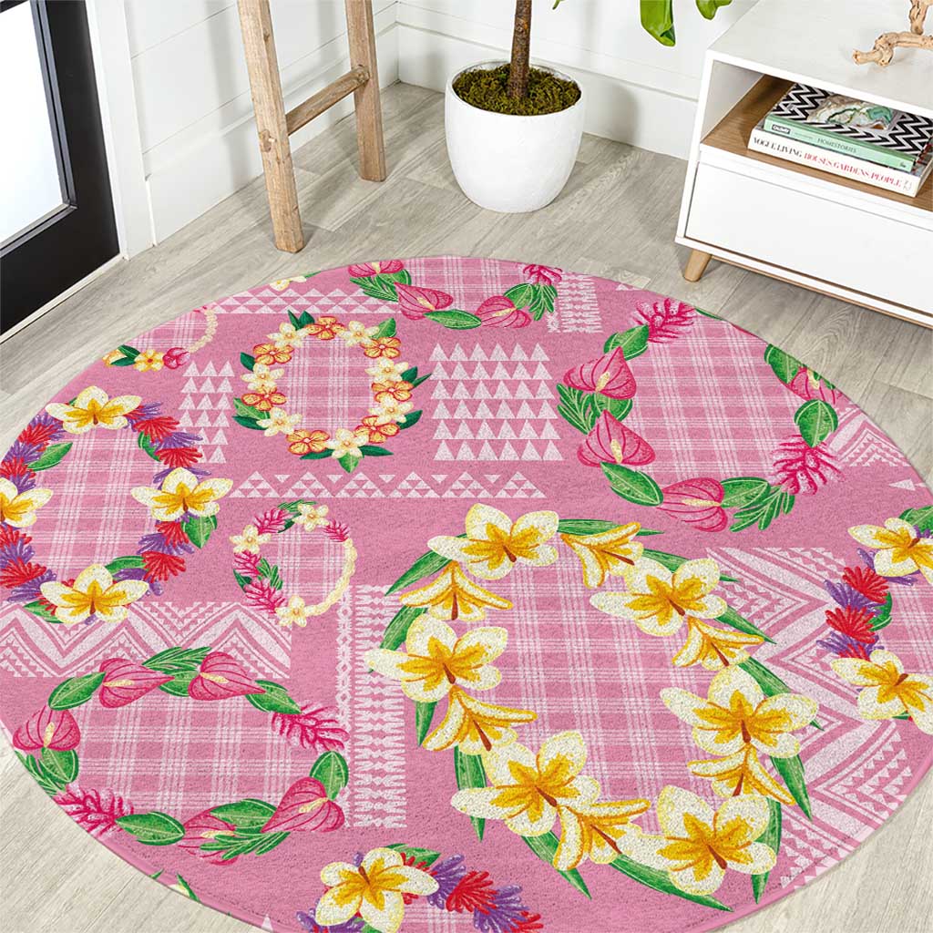 Hawaiian Leis Round Carpet Kakau Tattoos and Palaka Pastel Pink Color