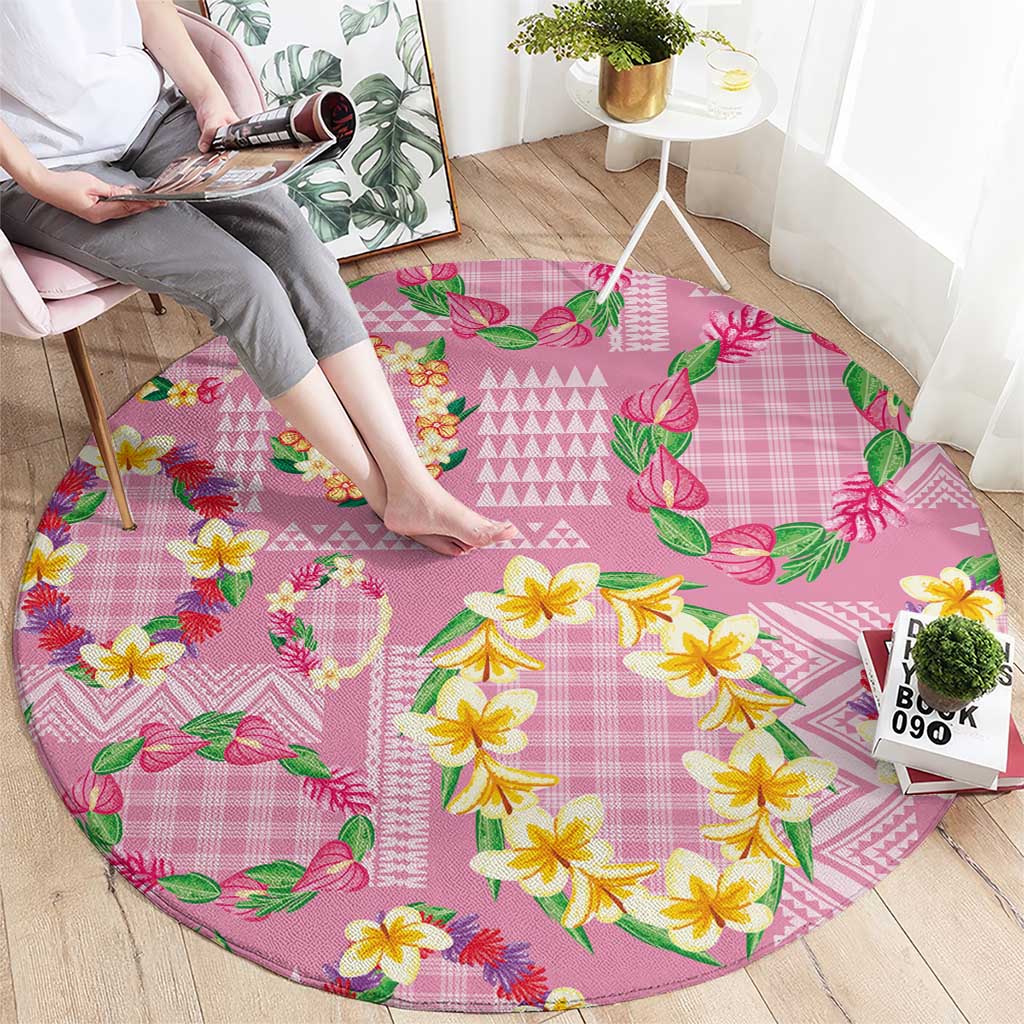 Hawaiian Leis Round Carpet Kakau Tattoos and Palaka Pastel Pink Color