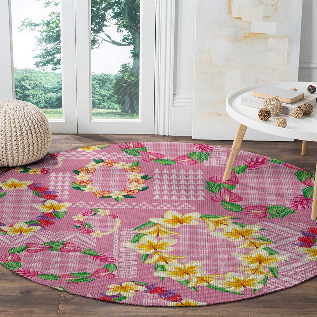 Hawaiian Leis Round Carpet Kakau Tattoos and Palaka Pastel Pink Color