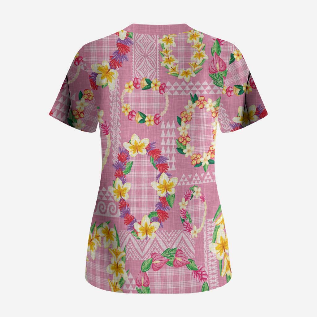 Hawaiian Leis Scrub Top Kakau Tattoos and Palaka Pastel Pink Color
