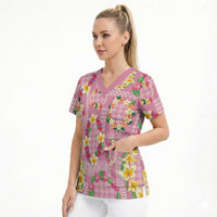 Hawaiian Leis Scrub Top Kakau Tattoos and Palaka Pastel Pink Color