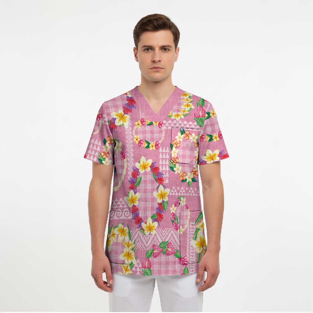 Hawaiian Leis Scrub Top Kakau Tattoos and Palaka Pastel Pink Color