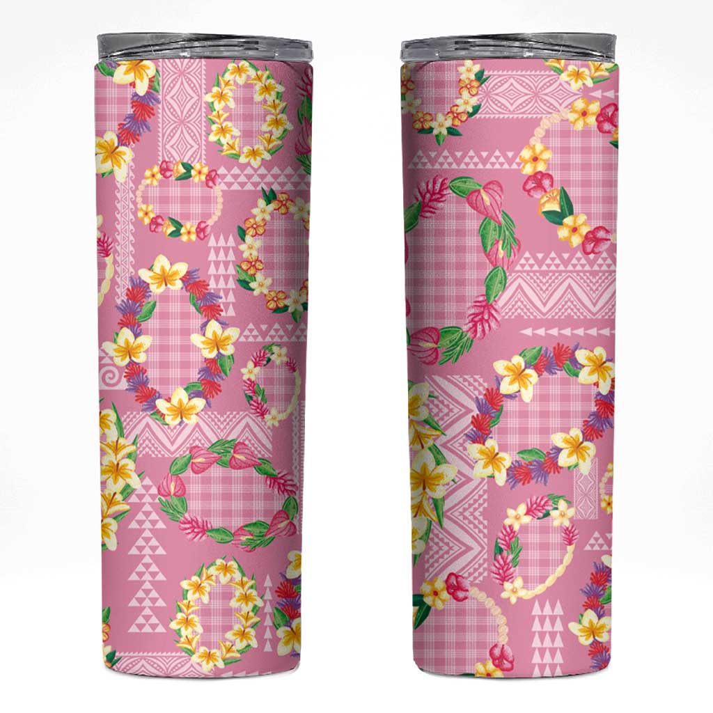 Hawaiian Leis Skinny Tumbler Kakau Tattoos and Palaka Pastel Pink Color LT03 Pink - Polynesian Pride