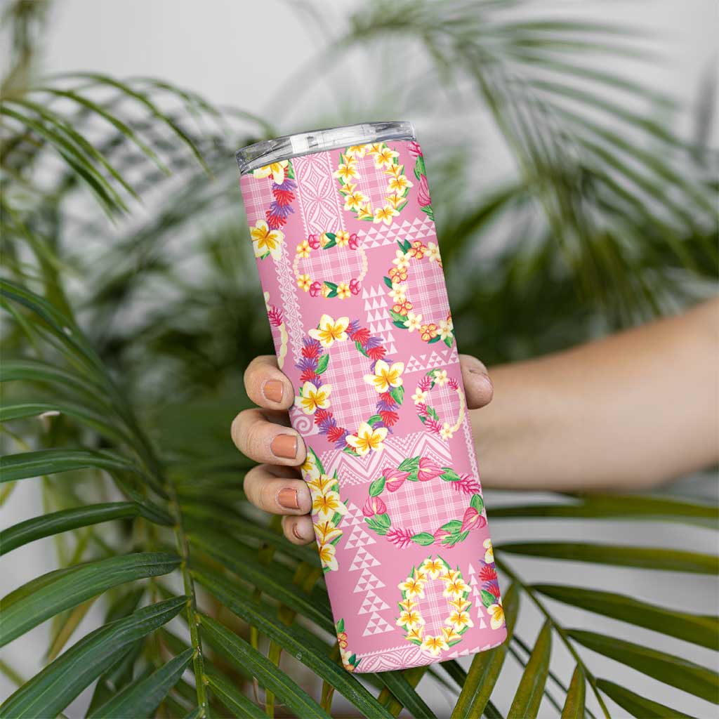 Hawaiian Leis Skinny Tumbler Kakau Tattoos and Palaka Pastel Pink Color LT03 - Polynesian Pride