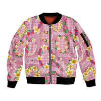 Hawaiian Leis Sleeve Zip Bomber Jacket Kakau Tattoos and Palaka Pastel Pink Color
