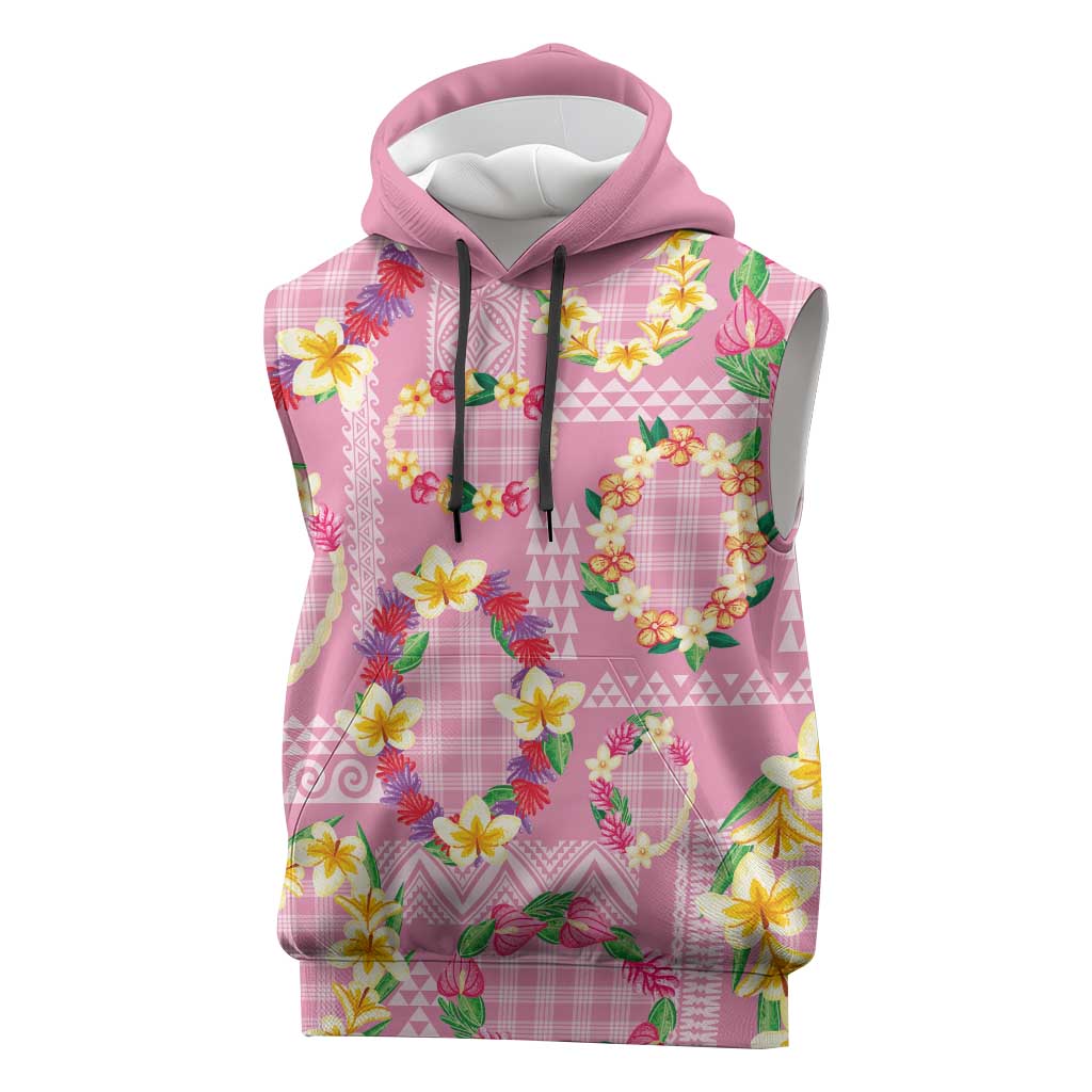 Hawaiian Leis Sleeveless Hoodie Kakau Tattoos and Palaka Pastel Pink Color