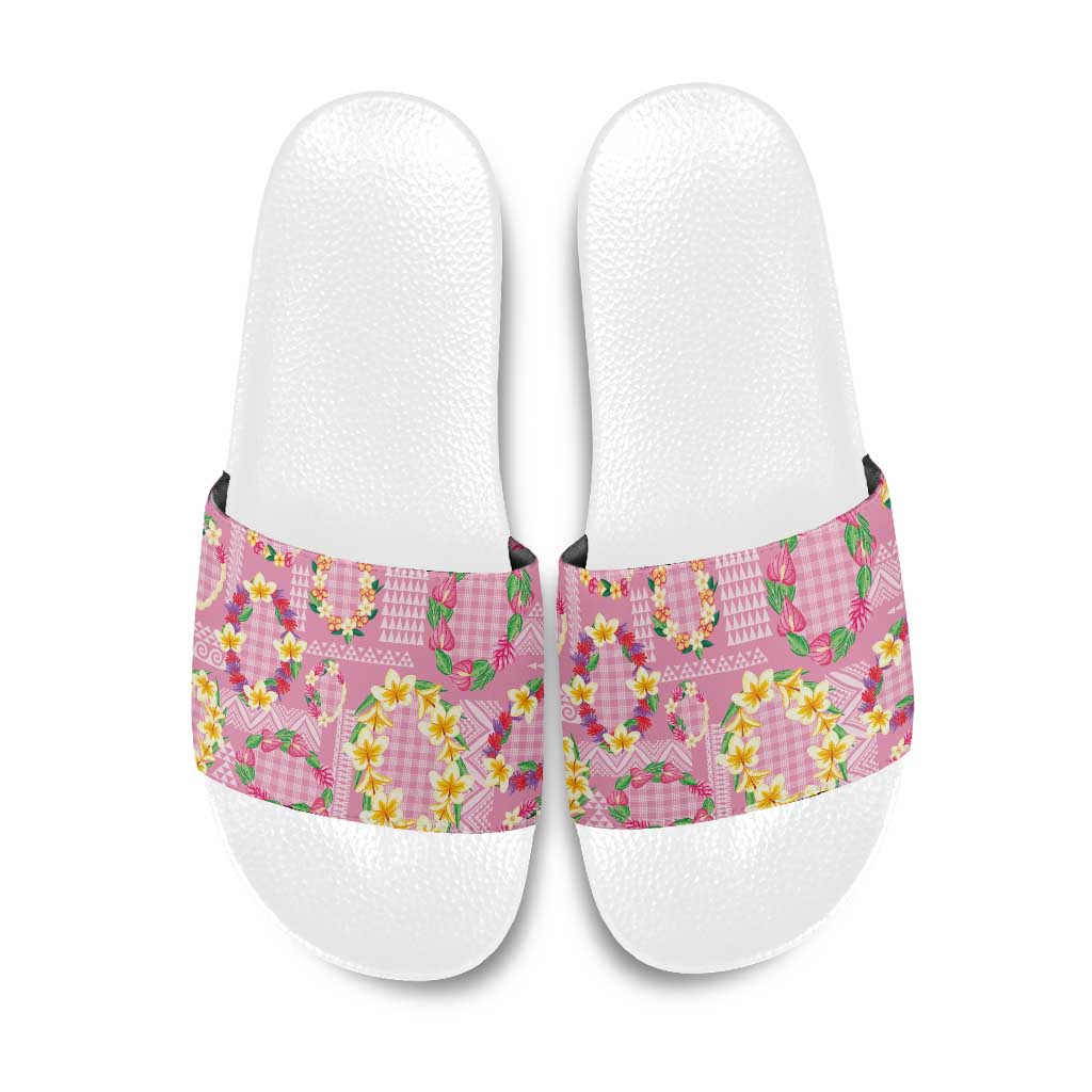 Hawaiian Leis Slide Sandals Kakau Tattoos and Palaka Pastel Pink Color