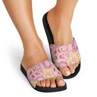 Hawaiian Leis Slide Sandals Kakau Tattoos and Palaka Pastel Pink Color
