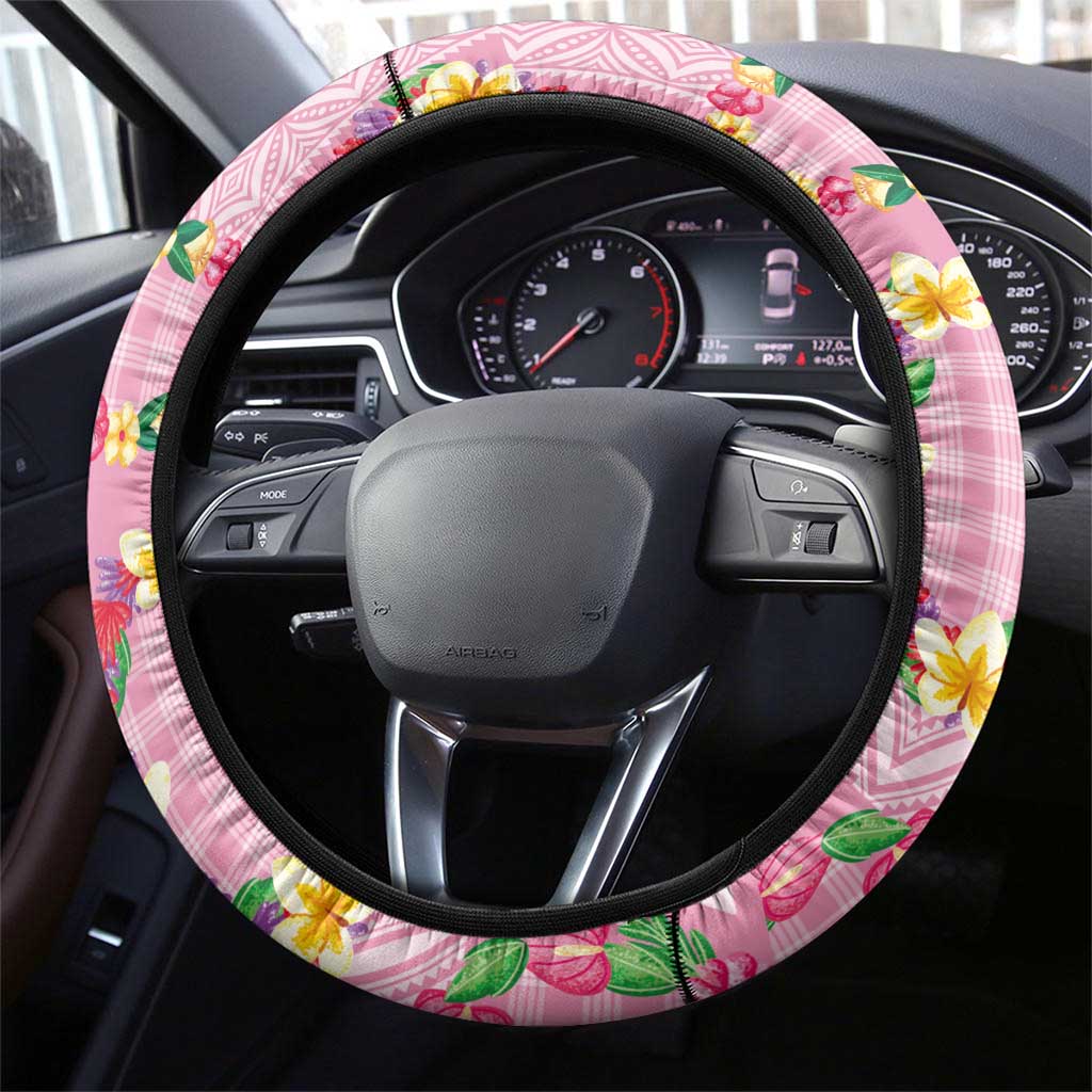 Hawaiian Leis Steering Wheel Cover Kakau Tattoos and Palaka Pastel Pink Color