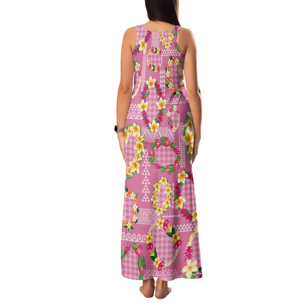 Hawaiian Leis Tank Maxi Dress Kakau Tattoos and Palaka Pastel Pink Color