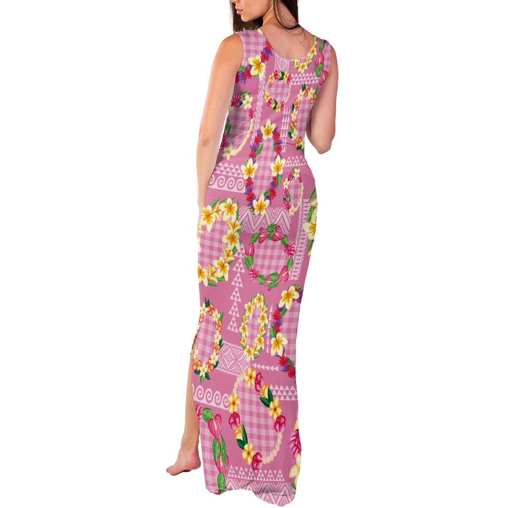 Hawaiian Leis Tank Maxi Dress Kakau Tattoos and Palaka Pastel Pink Color