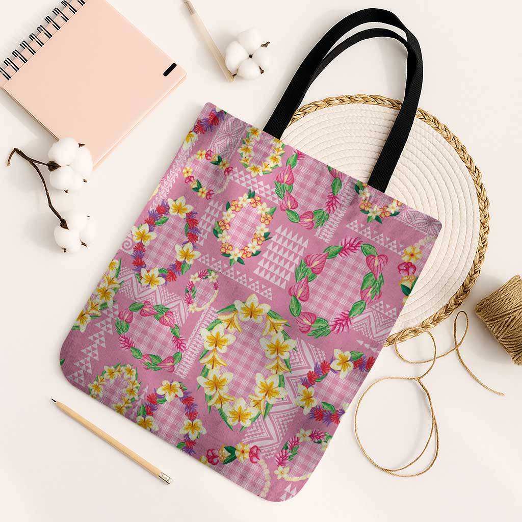 Hawaiian Leis Tote Bag Kakau Tattoos and Palaka Pastel Pink Color