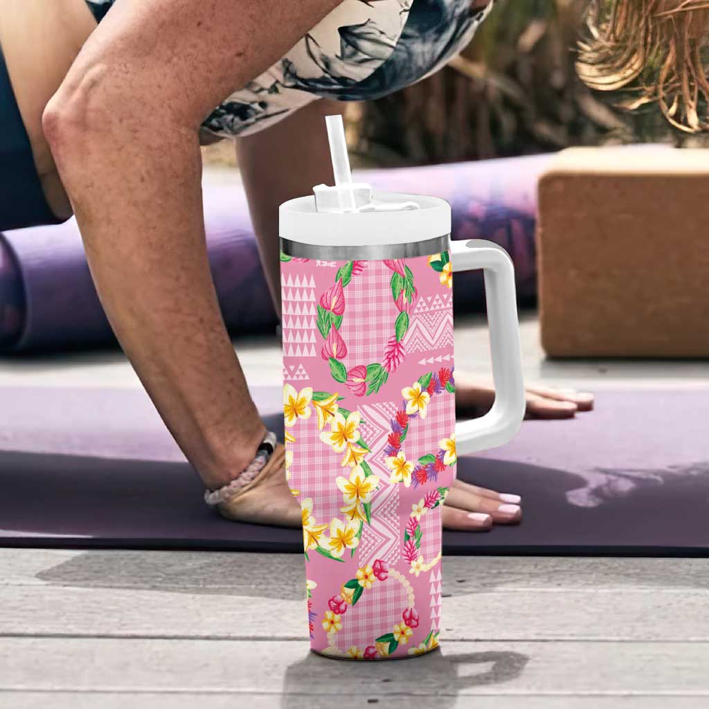 Hawaiian Leis Tumbler With Handle Kakau Tattoos and Palaka Pastel Pink Color