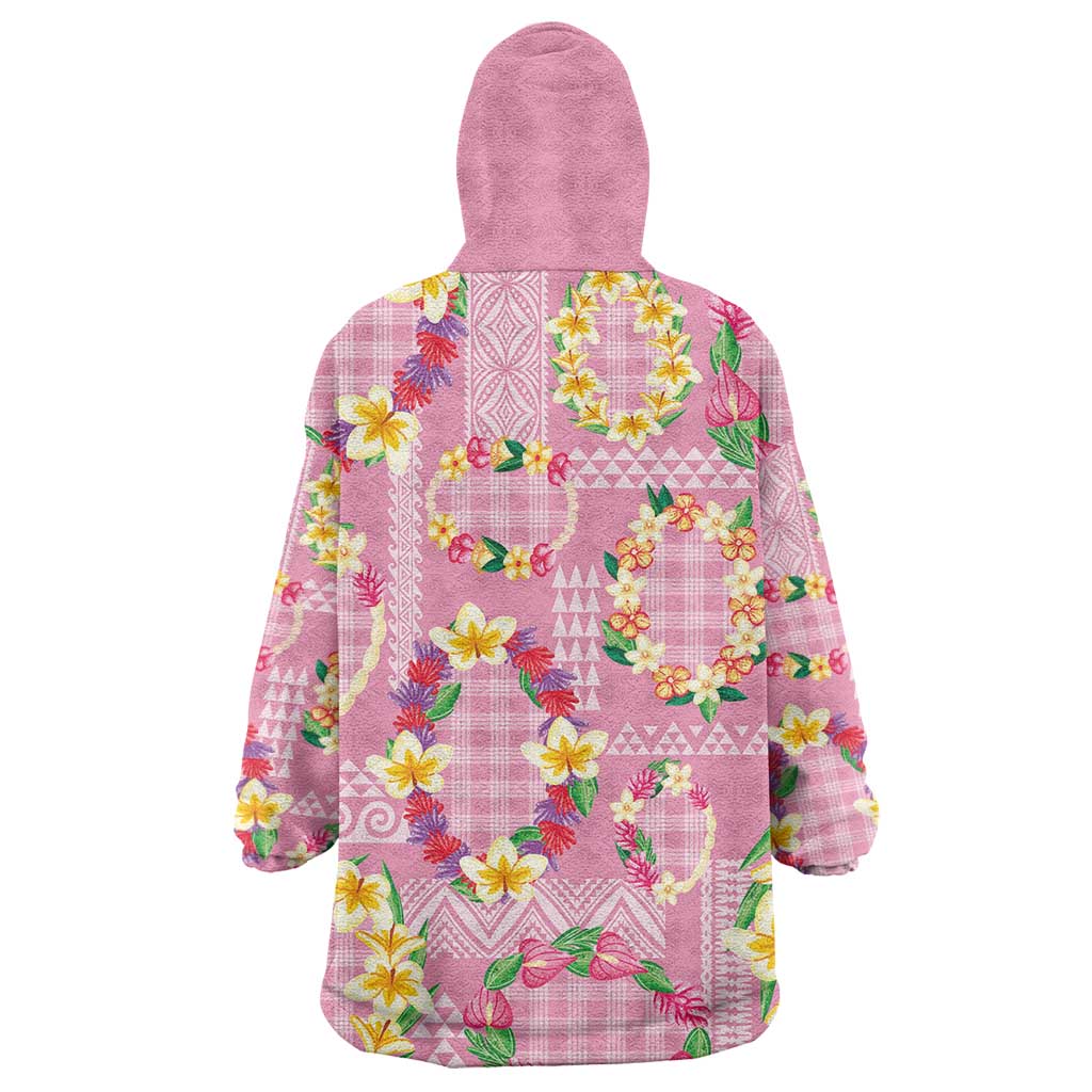 Hawaiian Leis Wearable Blanket Hoodie Kakau Tattoos and Palaka Pastel Pink Color