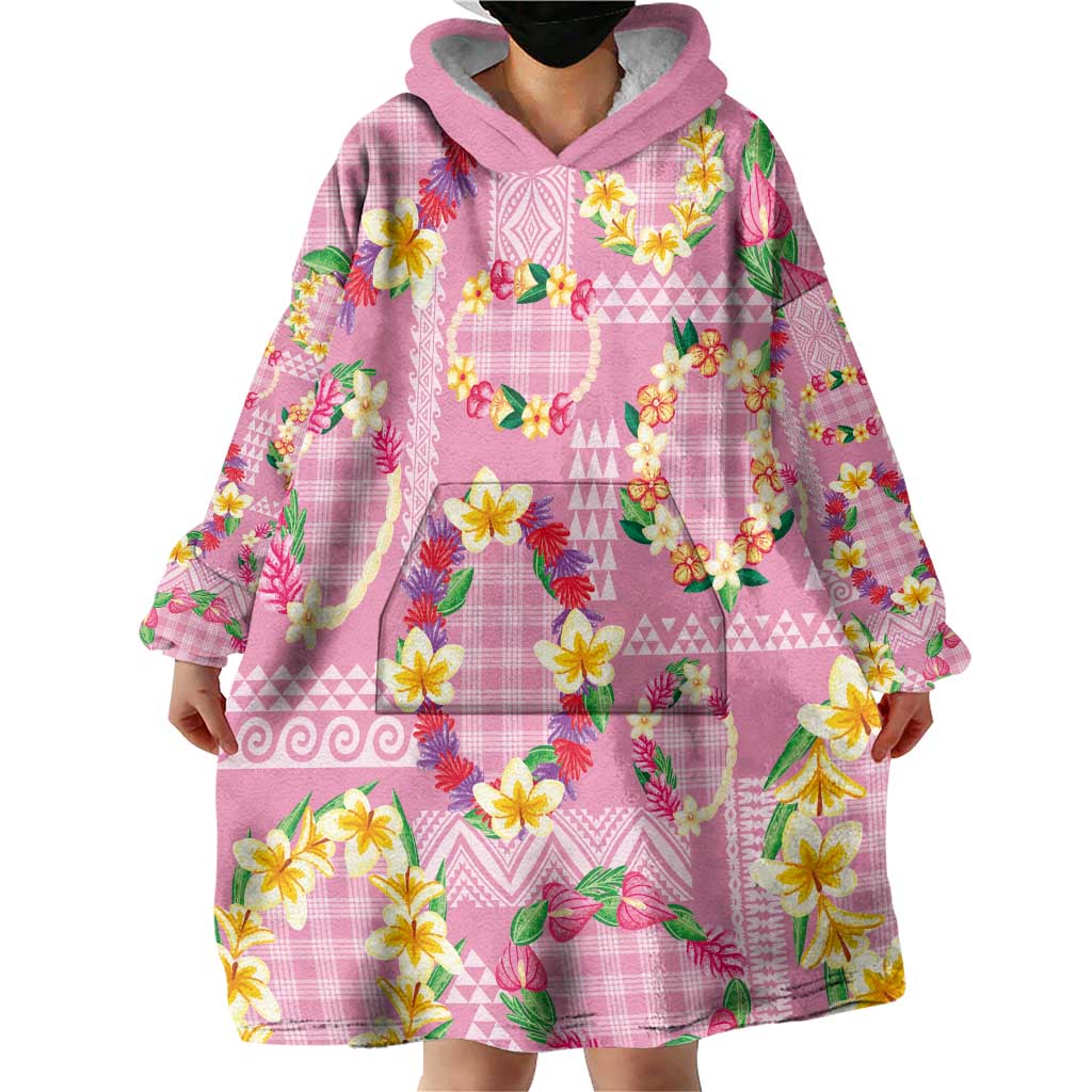 Hawaiian Leis Wearable Blanket Hoodie Kakau Tattoos and Palaka Pastel Pink Color