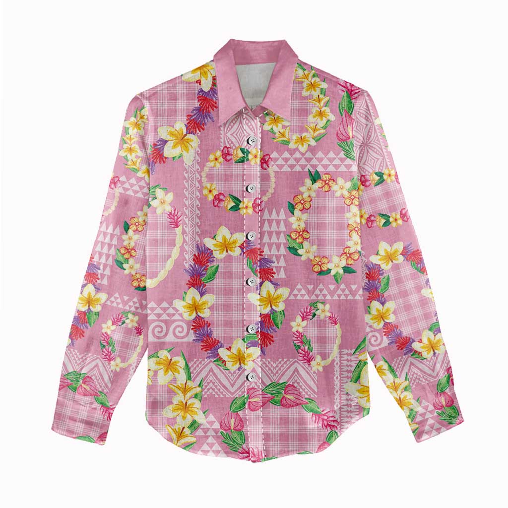 Hawaiian Leis Women Casual Shirt Kakau Tattoos and Palaka Pastel Pink Color