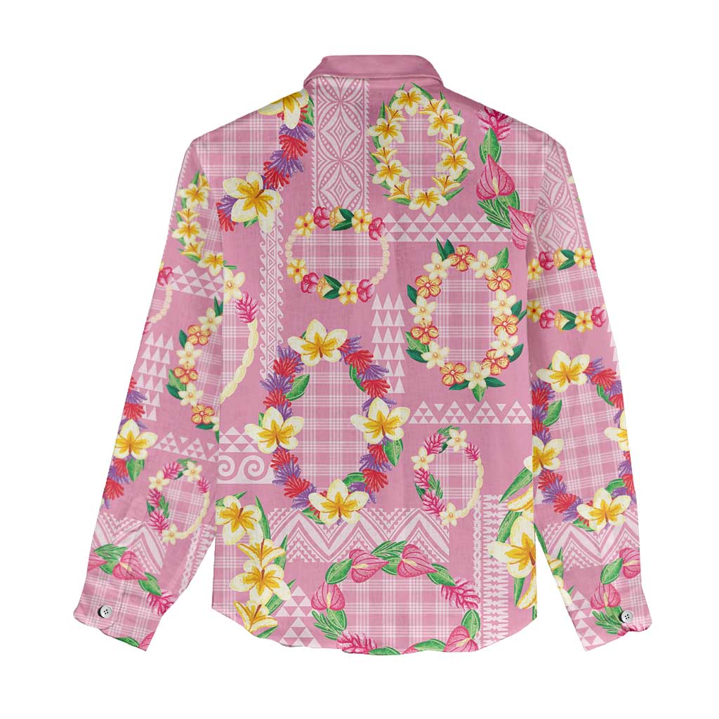 Hawaiian Leis Women Casual Shirt Kakau Tattoos and Palaka Pastel Pink Color