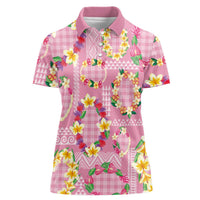 Hawaiian Leis Women Polo Shirt Kakau Tattoos and Palaka Pastel Pink Color